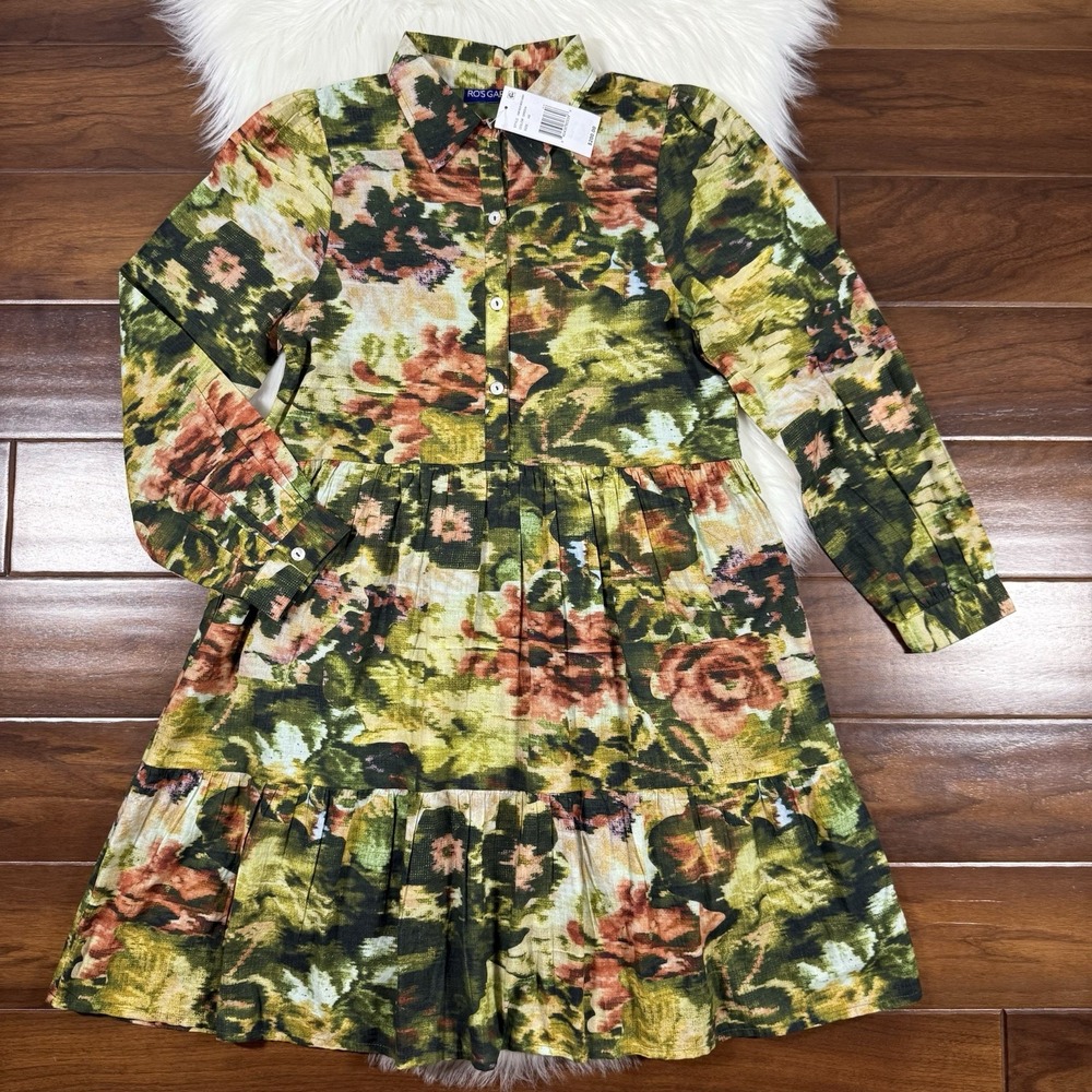 Ro's Garden Women's Size XS Green Floral Romy Tiered Dress‎ Long Sleeve Button